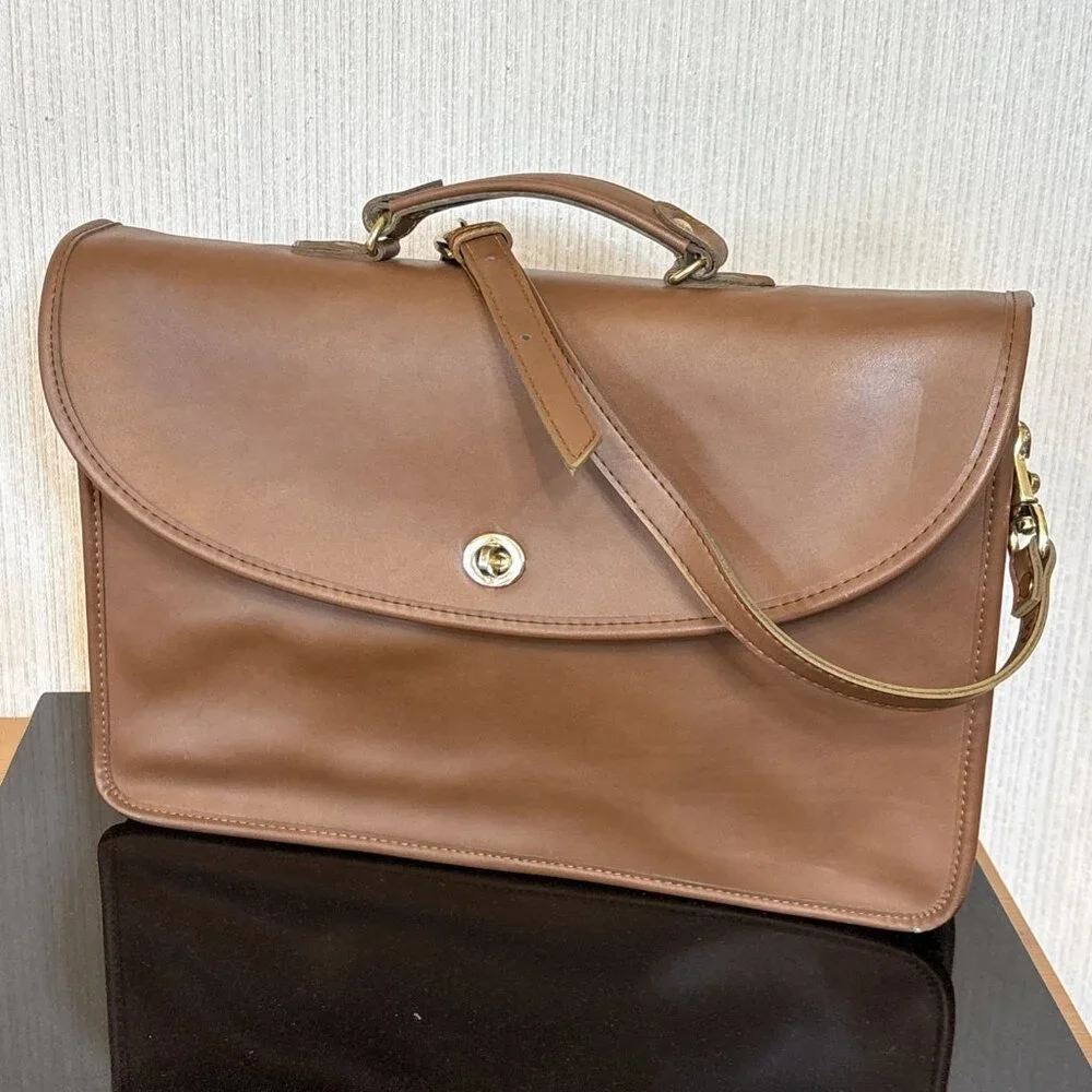 Vtg Briefcase Messenger Bag Full Grain Leather Tobacco Brown 1980s USA